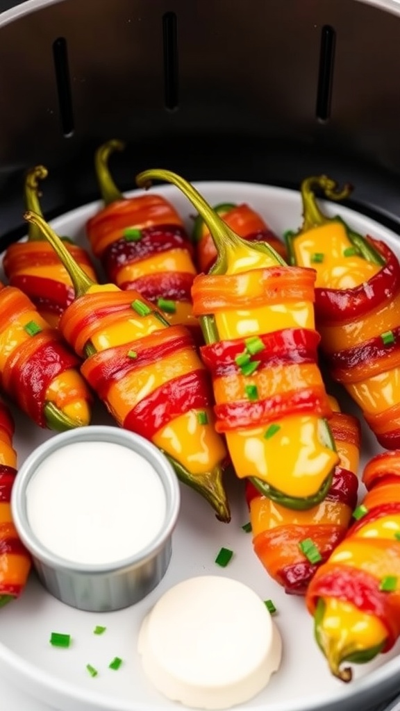 Crispy bacon-wrapped jalapeño poppers on a plate with ranch dressing, highlighting their golden color and creamy filling.